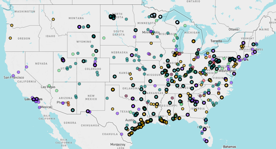 A screenshot of a Polluter Pass Map showing places that have been granted pollution exemptions in the U.S.